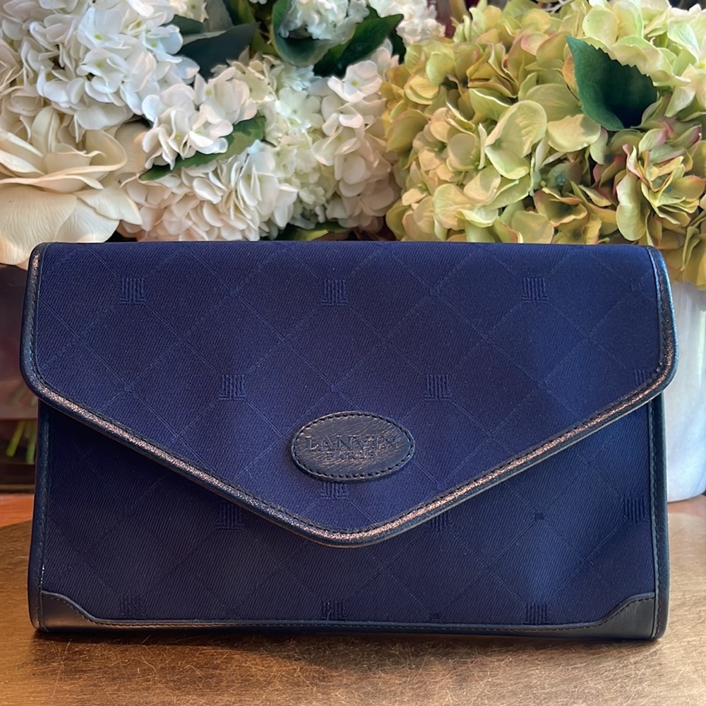 Lanvin Navy Twill and Leather Envelope Clutch Evening Bag
